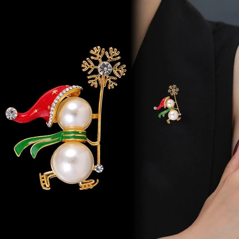 Cute Christmas Snowman Magic Wand Brooch, Enamel Rhinestone Faux Pearl Alloy Lapel Pin Corsage Gift