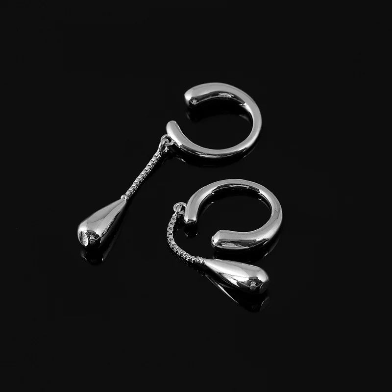 Elegant Silver Alloy Ear Cuff Chain Tassel Waterdrop Stud & Clip On No Piercing Long Drop Earrings