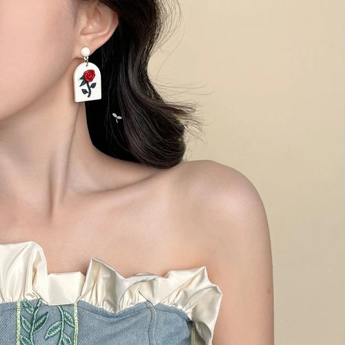 Handmade Polymer Clay Rose Flower Drop Earrings, Sweet Summer Vacation Style Jewelry