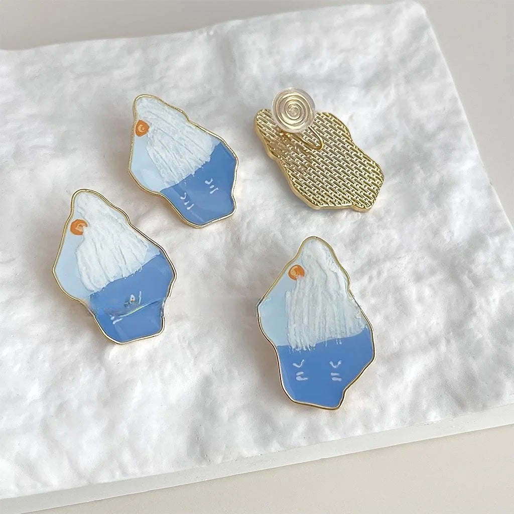 Handmade Enamel Mt Fuji Oil Painting Irregular Geometric Copper Stud Earrings