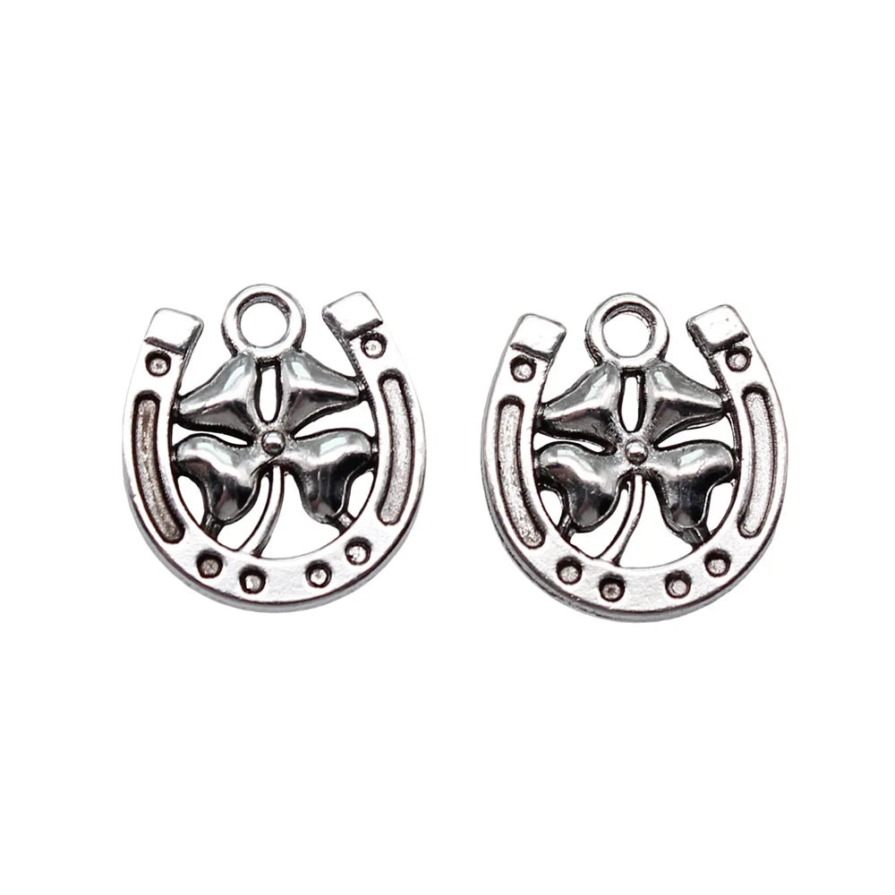 16x15mm 1.3g Antique Silver Zinc Alloy Four Leaf Clover Horseshoe Charm Pendant for DIY Jewelry Making