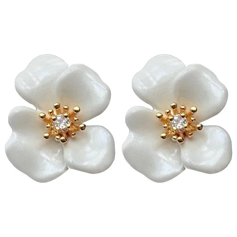 Sweet Copper Micro Pave Zircon Enamel Orchid Flower Stud Earrings For Elegant Everyday Wear