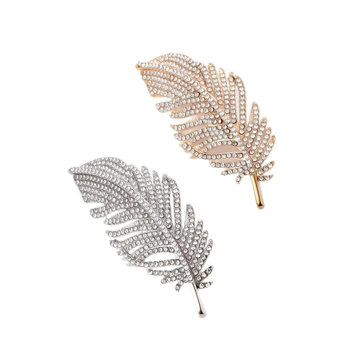 Elegant Full Rhinestone Feather Leaf Brooch Silver Alloy Lapel Pin Corsage For Women's Suit Accessory Gift