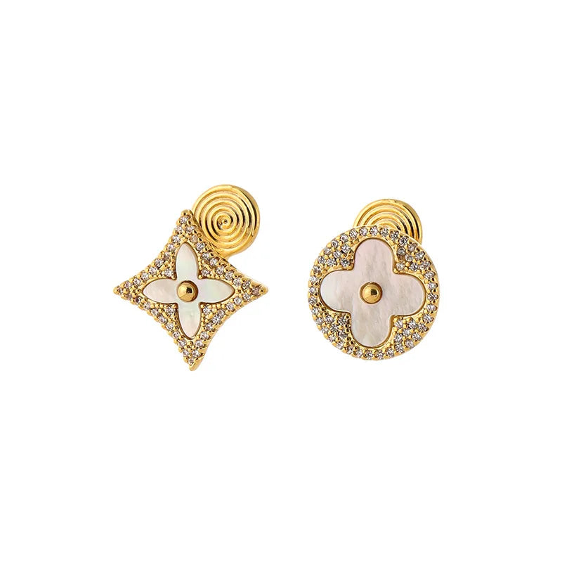Luxury Asymmetric Mother Of Pearl Clover Round Diamond Shape Rhinestone Stud & Clip On No Piercing Earrings