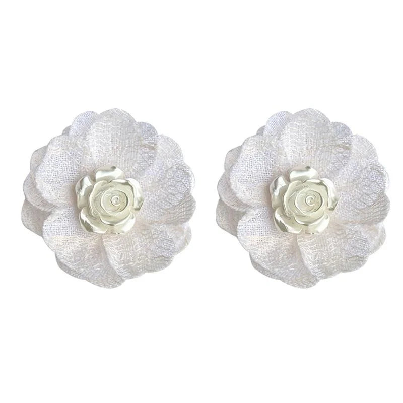 Fairy Style White Mesh Fabric Big Flower Drop Earrings Handmade Statement Floral Summer Jewelry