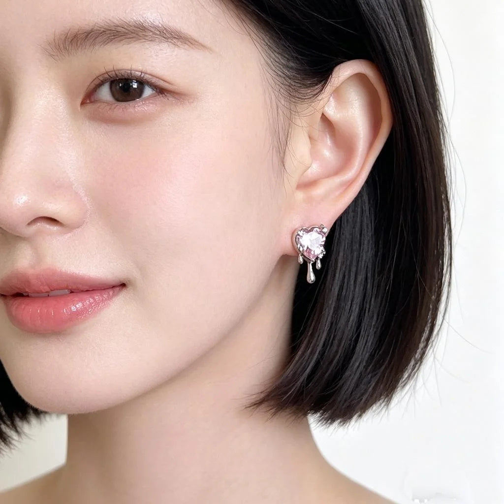 Sweet Cool Liquid Pink Zircon Heart Copper Stud Earrings Minimalist Designer Jewelry