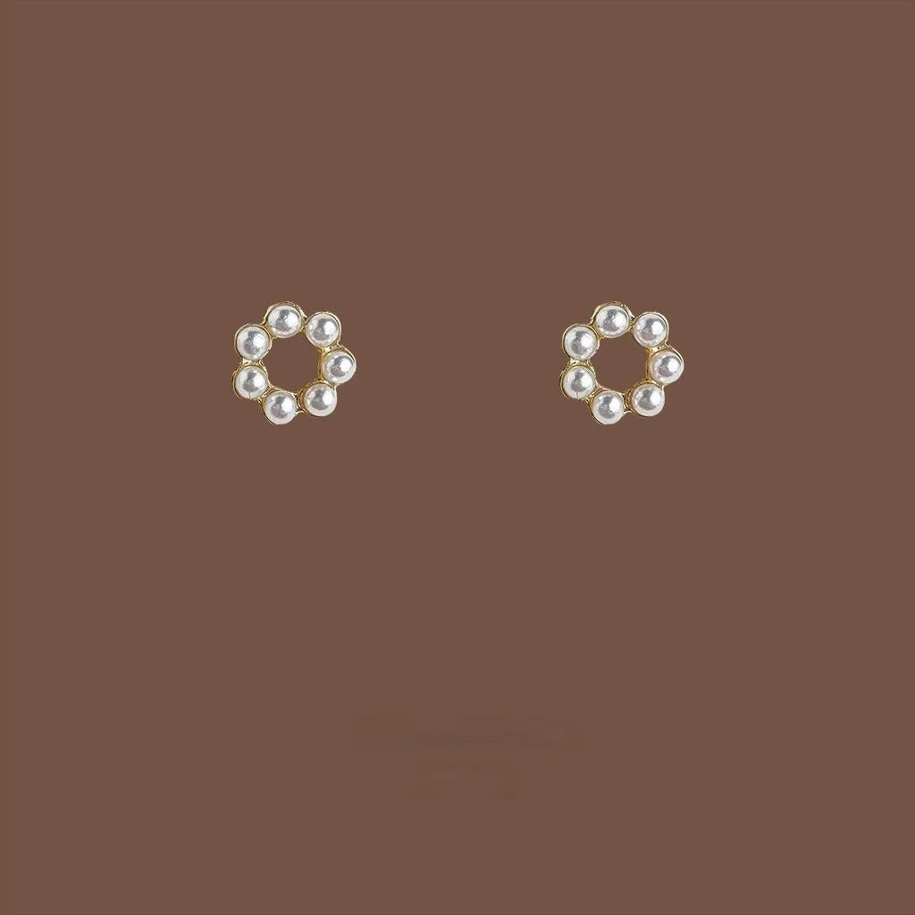 14K Gold Plated Copper Pearl Round Hollow Geometric Stud Earrings Simple Fresh Style