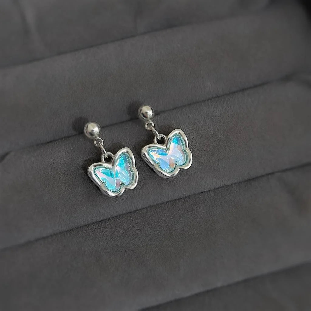 Gradient Blue Butterfly Drop Earrings Copper Silver-Plated Pin Sweet Summer Fairy Style Jewelry