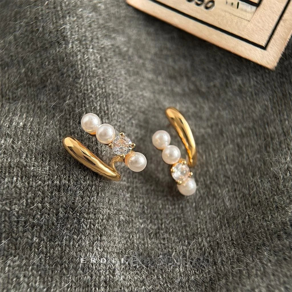 14K Gold Plated Copper Micro Pave Zircon Pearl Stud Earrings U Shape Geometric Minimalist Jewelry