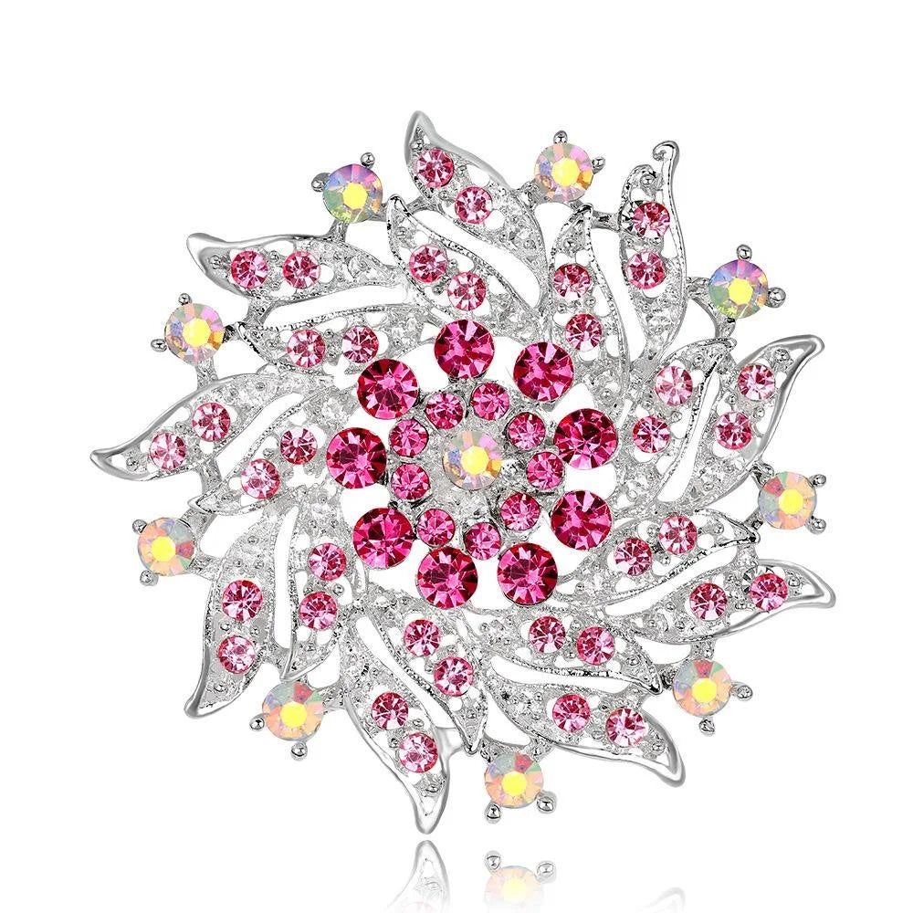 Elegant Pink Rhinestone Crystal Flower Brooch, Silver Alloy Floral Lapel Pin Corsage Suit Accessory Gift