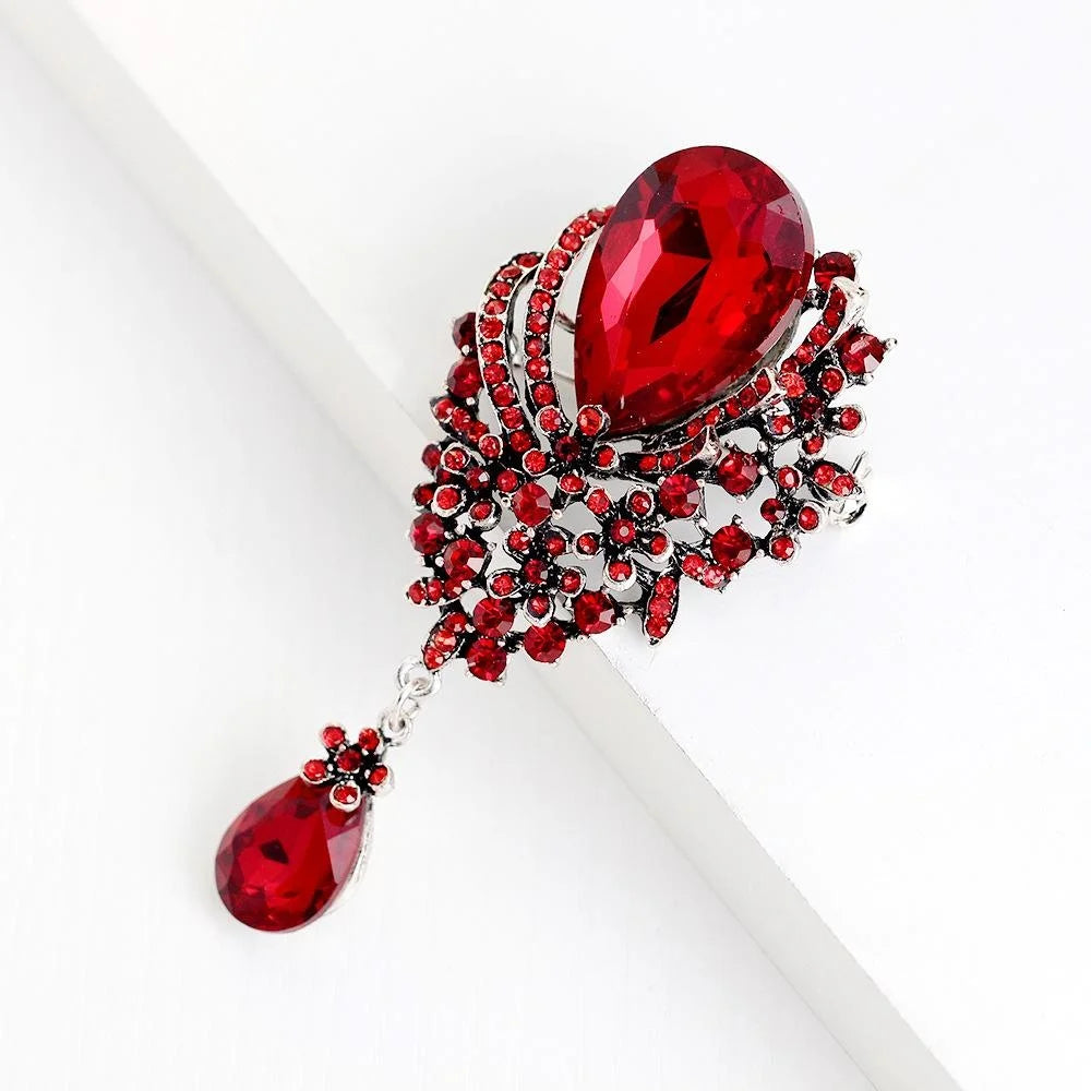 Elegant Blue Teardrop Rhinestone Peacock Flower Alloy Brooch Pin With Glass Drop, Women's Lapel Corsage Gift