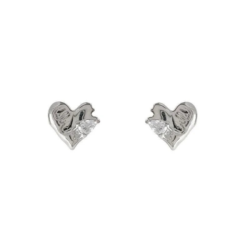 Silver Plated Eco Copper Heart Zircon Stud Earrings, Irregular Liquid Metal Minimalist Style