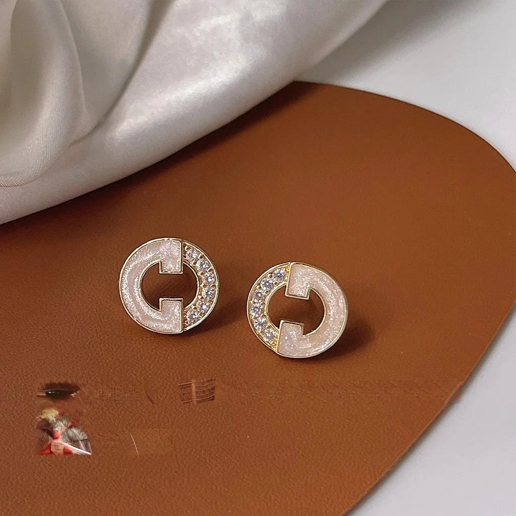 French Style Micro Pave Zircon Hollow Letter Round Copper Stud Earrings