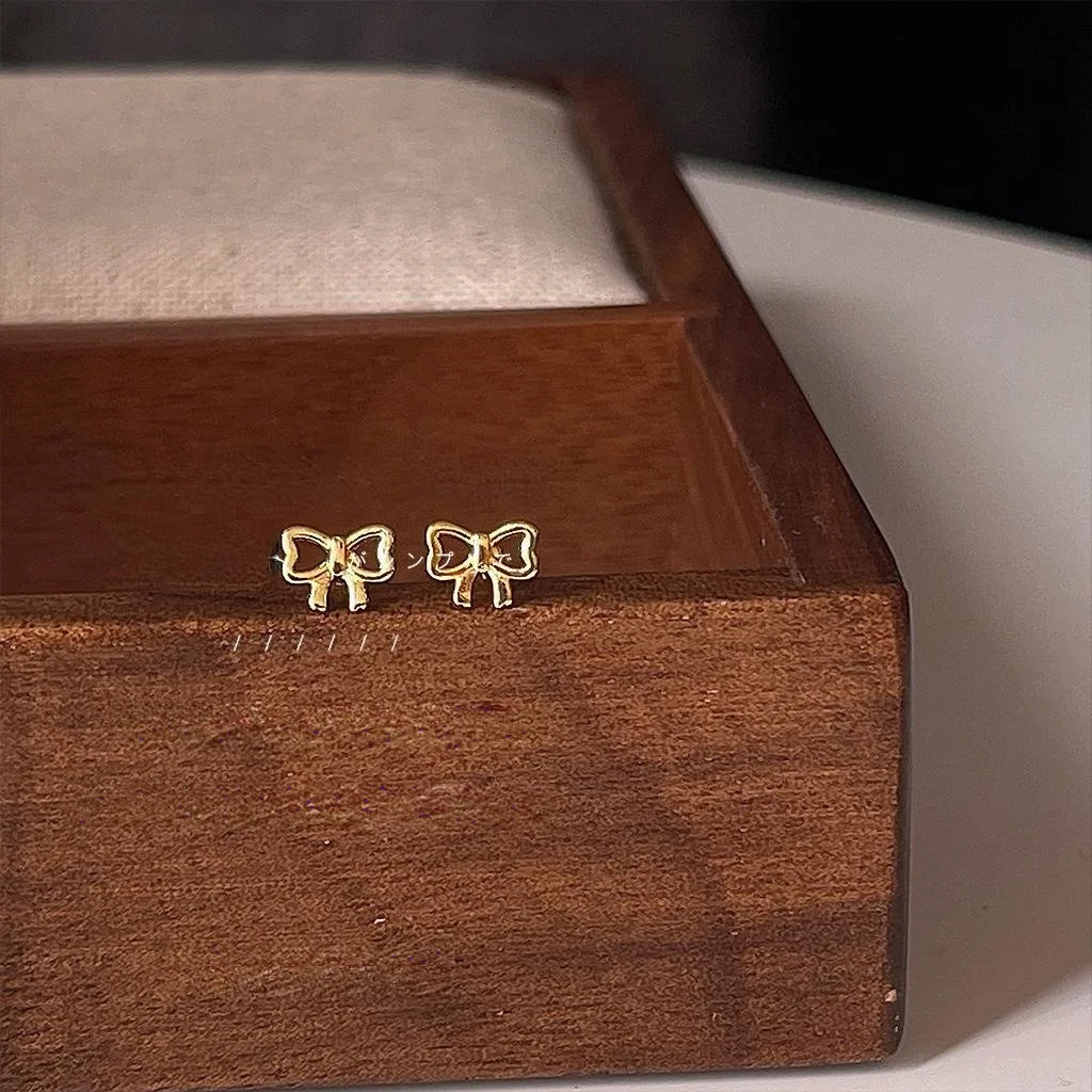 Mini 14K Plated Copper Bow Stud Earrings With Silver Plated Pins, Cute Simple Jewelry For Women
