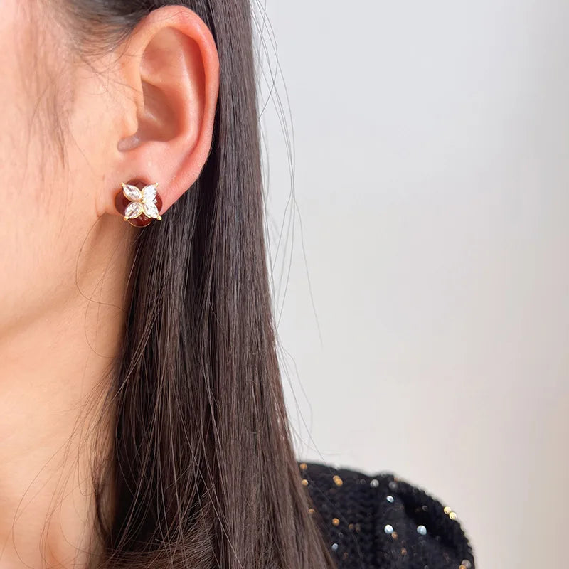 Vintage Red Enamel Flower Zircon Swirl Stud & Clip On No Piercing Luxury Women Earrings