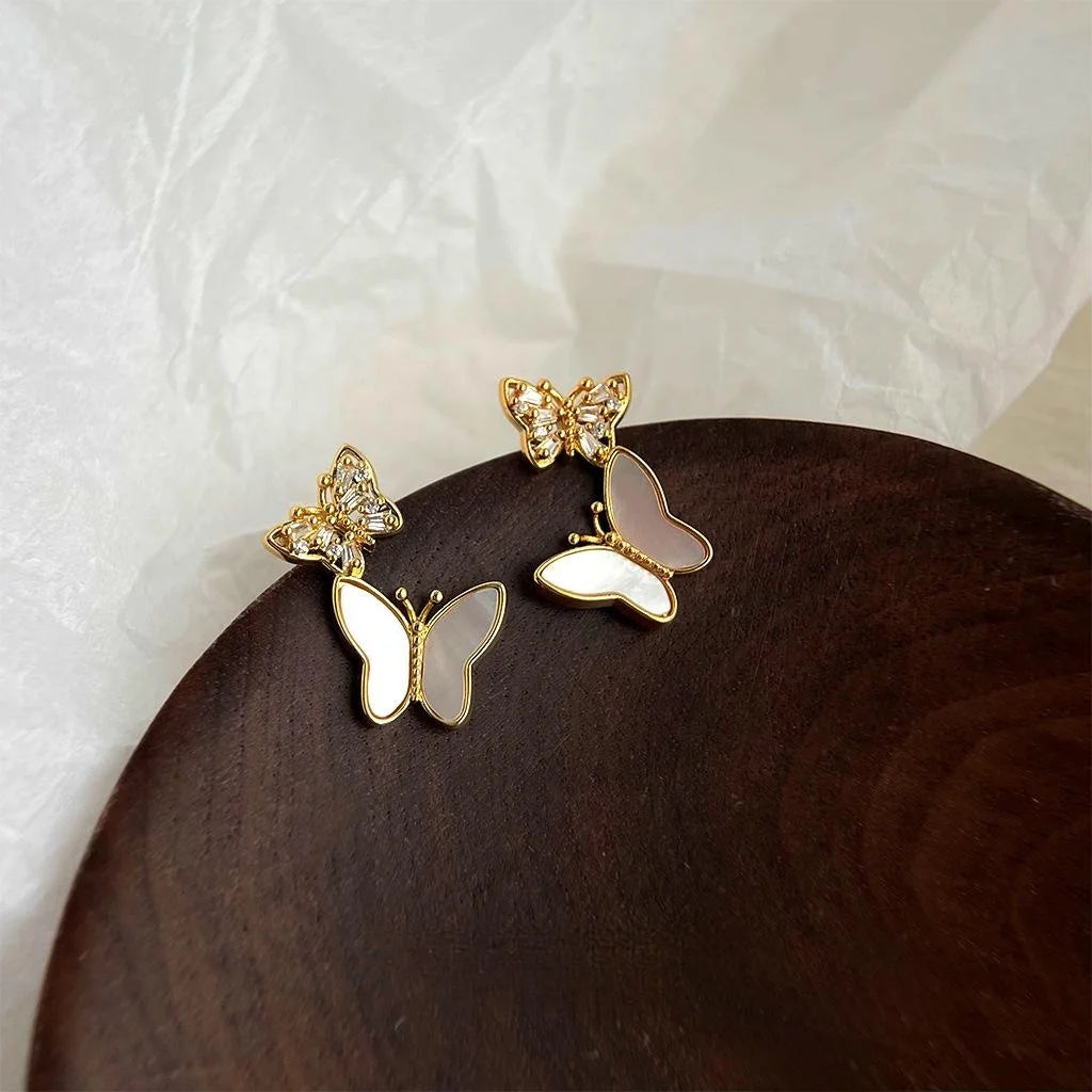14K Gold Plated Butterfly Stud Earrings Real Shell Micro Pave Zircon Copper Jewelry