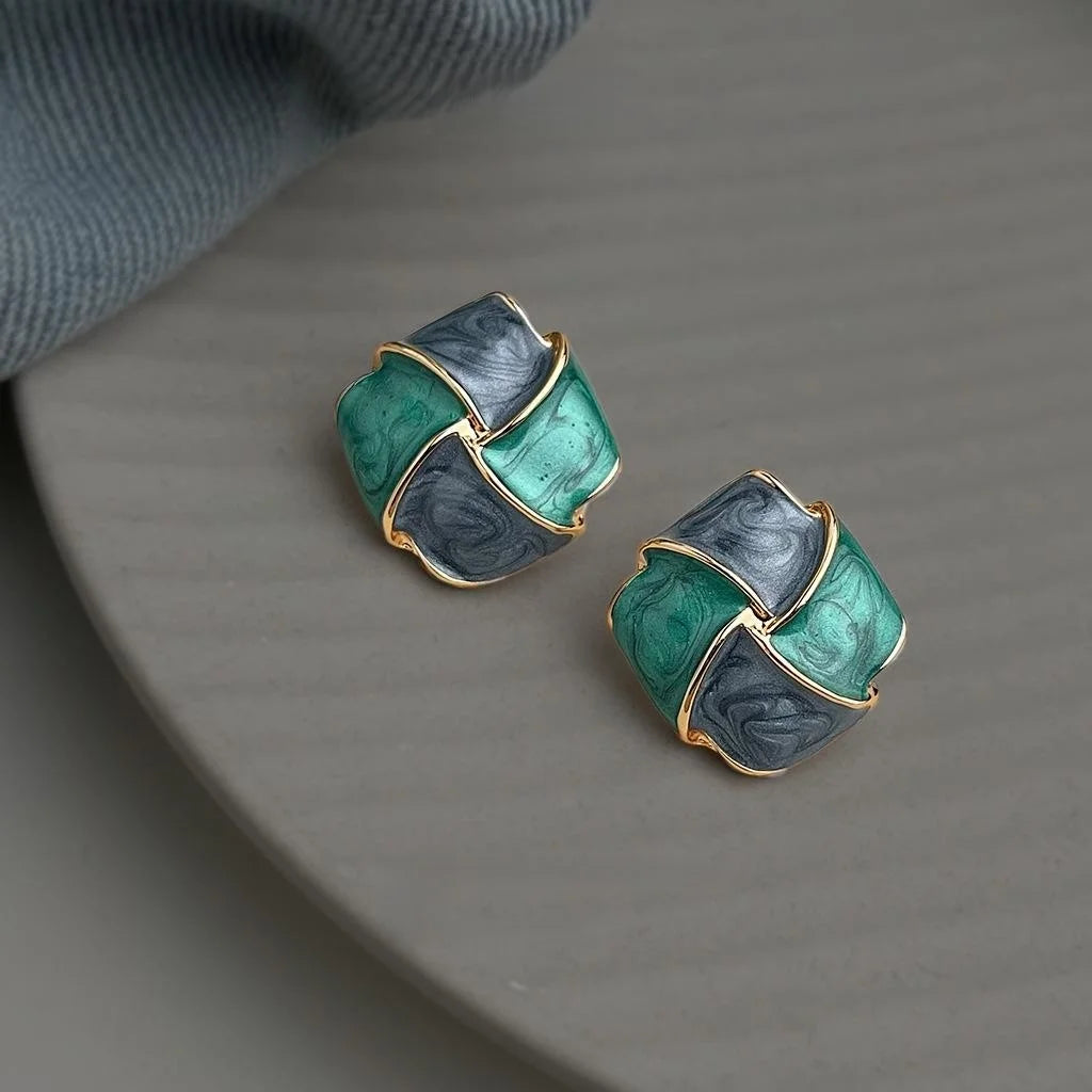 French Vintage Geometric Square Copper Stud Earrings With 14K Plated Enamel Design