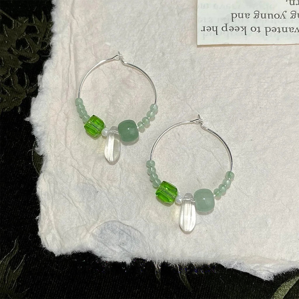 Forest Fairy Green Aventurine Glass Crystal Round Geometric Drop Earrings