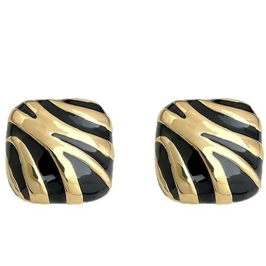 Black Gold Striped Vintage Square Copper Stud Earrings For Women