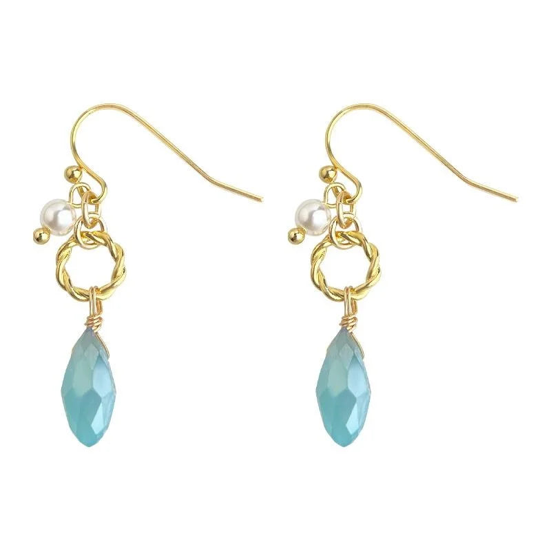 Original Designer Blue Glass Crystal Teardrop Drop Earrings With Pearl Copper Sweet Minimal Jewelry