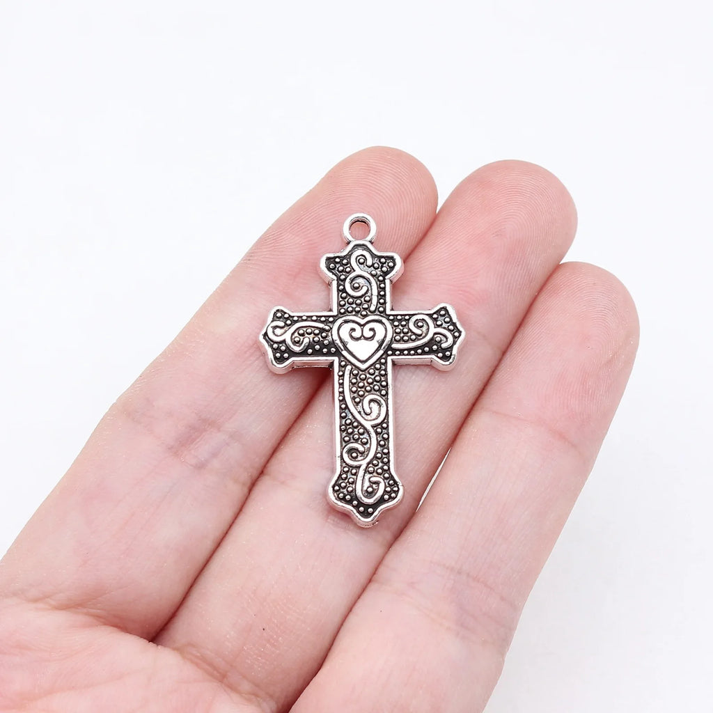 33x22mm 2.3g Antique Silver Zinc Alloy Heart Pattern Cross Charm Pendant for DIY Jewelry Making