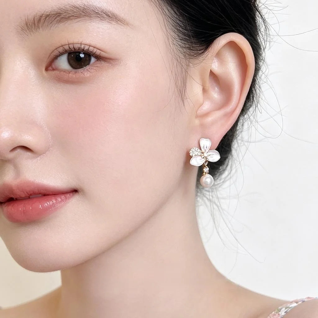 Sweet Elegant Floral Drop Earrings With Micro Pave Zircon And Hand Painted Glass Pearl Flowers