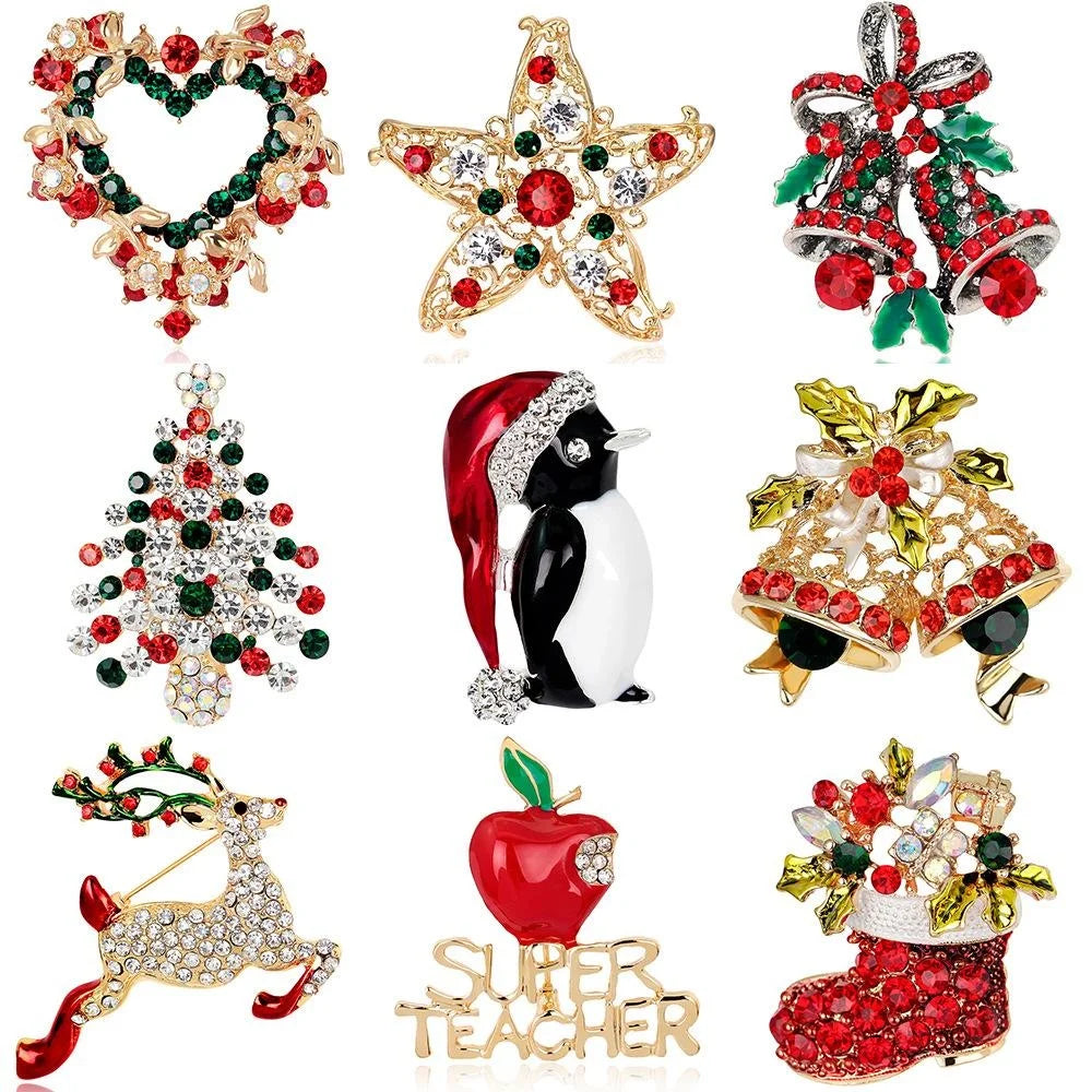 Luxury Christmas Rhinestone Enamel Brooch Tree Bell Penguin Boot Reindeer Lapel Pin Corsage Gift Accessory