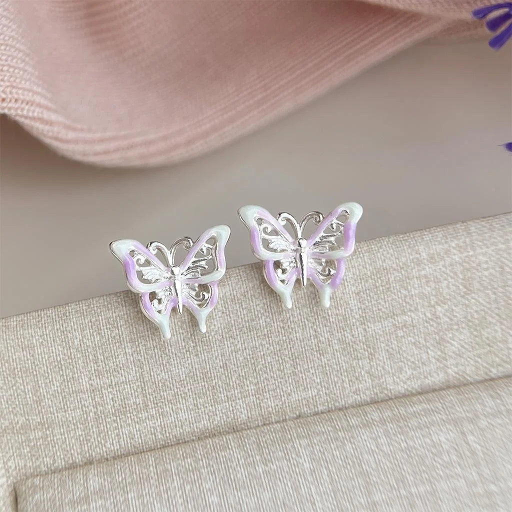 Sweet Colorful Enamel Hollow Butterfly Copper Stud Earrings