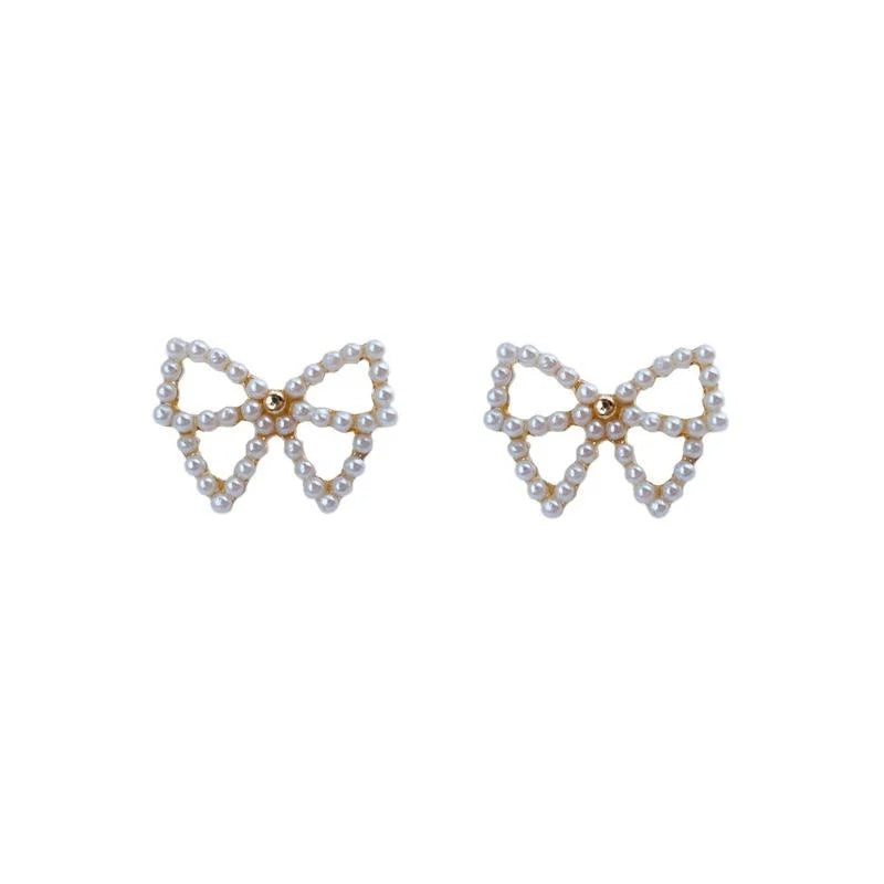 Cute Pearl Bow Stud Earrings 14K Plated Alloy Simple Sweet Jewelry