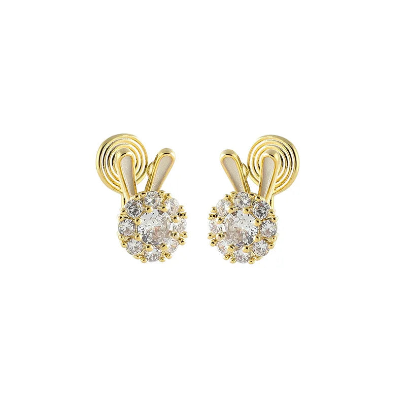 Elegant Zircon Rabbit Bunny Stud & Clip On No Piercing Gold Alloy Sweet Rotatable Ear Cuff Earrings