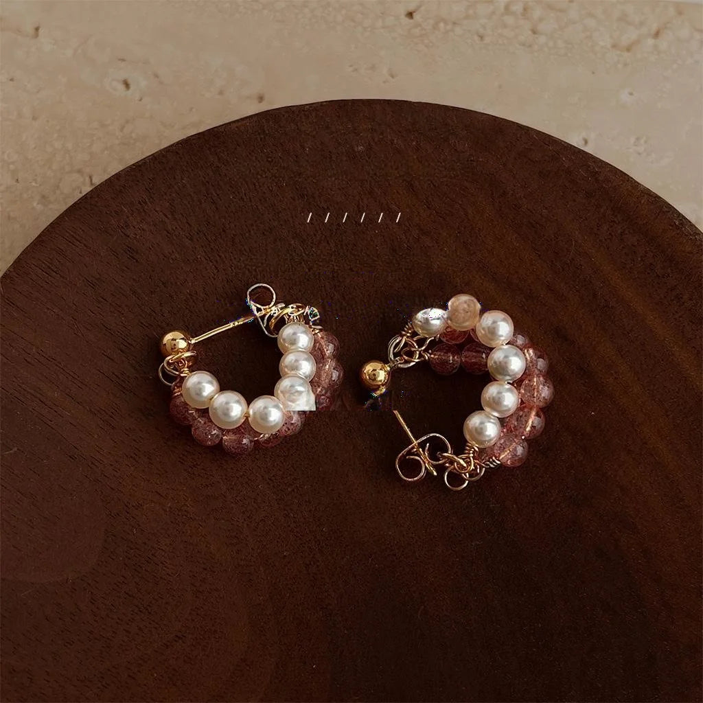 Sweet Strawberry Quartz Natural Stone Drop Earrings Handmade Copper Geometric Hoop