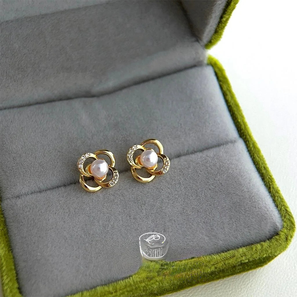 Silver Plated Copper Flower Stud Earrings With Zircon Pave And High Luster Pearl