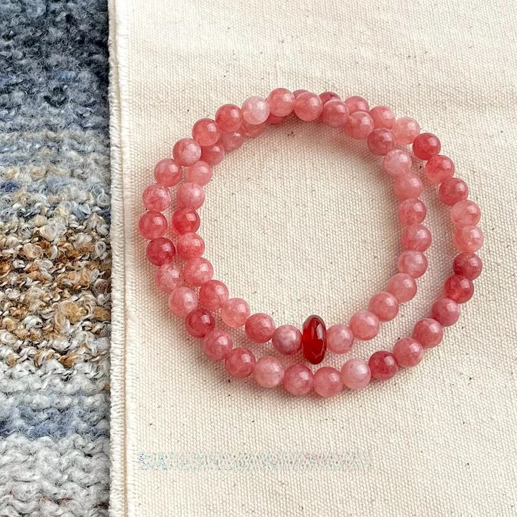 Handmade Sweet New Chinese Style Natural Agate Sunstone Layered Bracelet With Geometric Round Charm