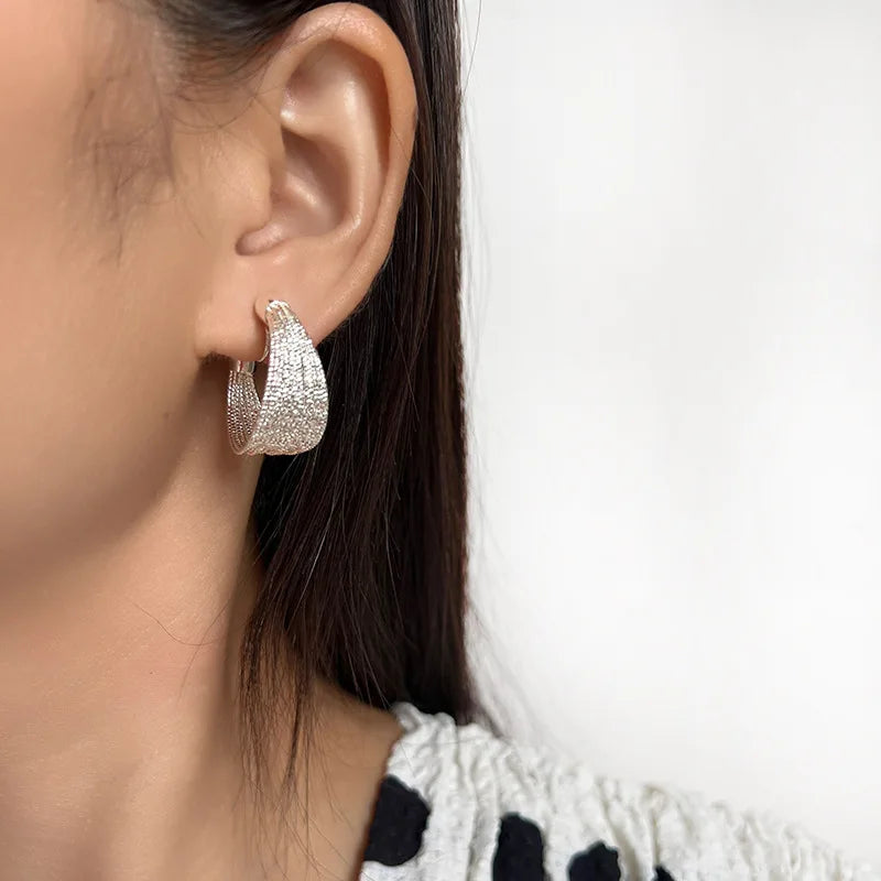 Luxury Silver Tone Alloy Spiral Hoop Stud & Clip On No Piercing Textured Wide Circle Earrings