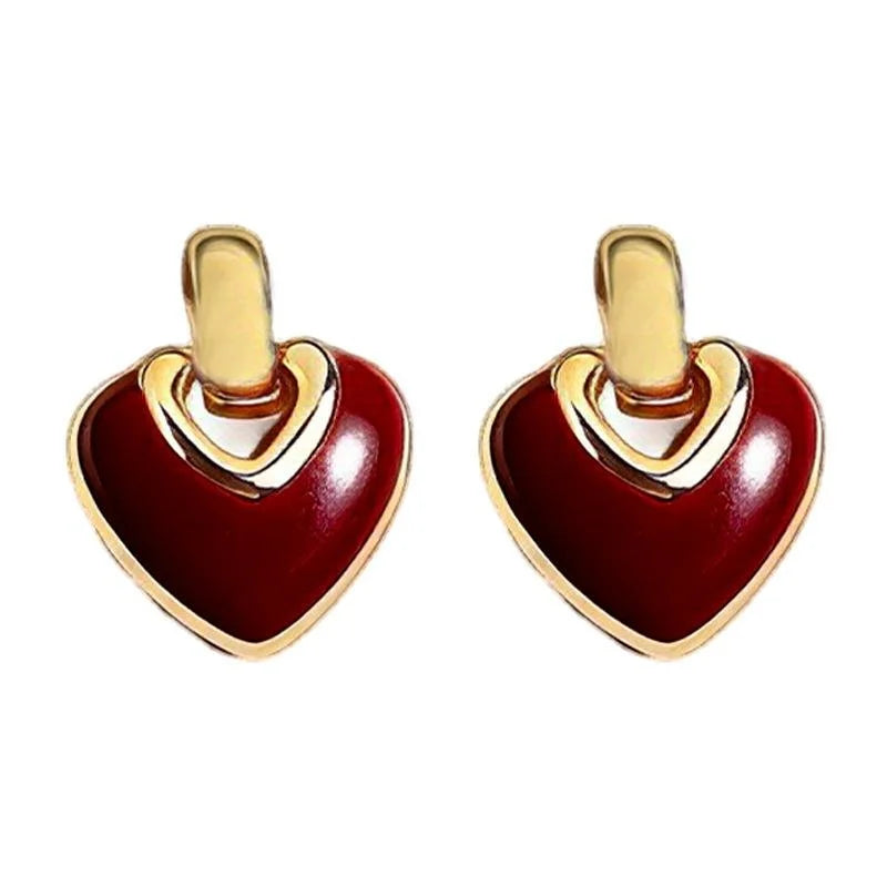 Vintage Hong Kong Style Copper Drip Enamel Heart Geometric Stud Earrings