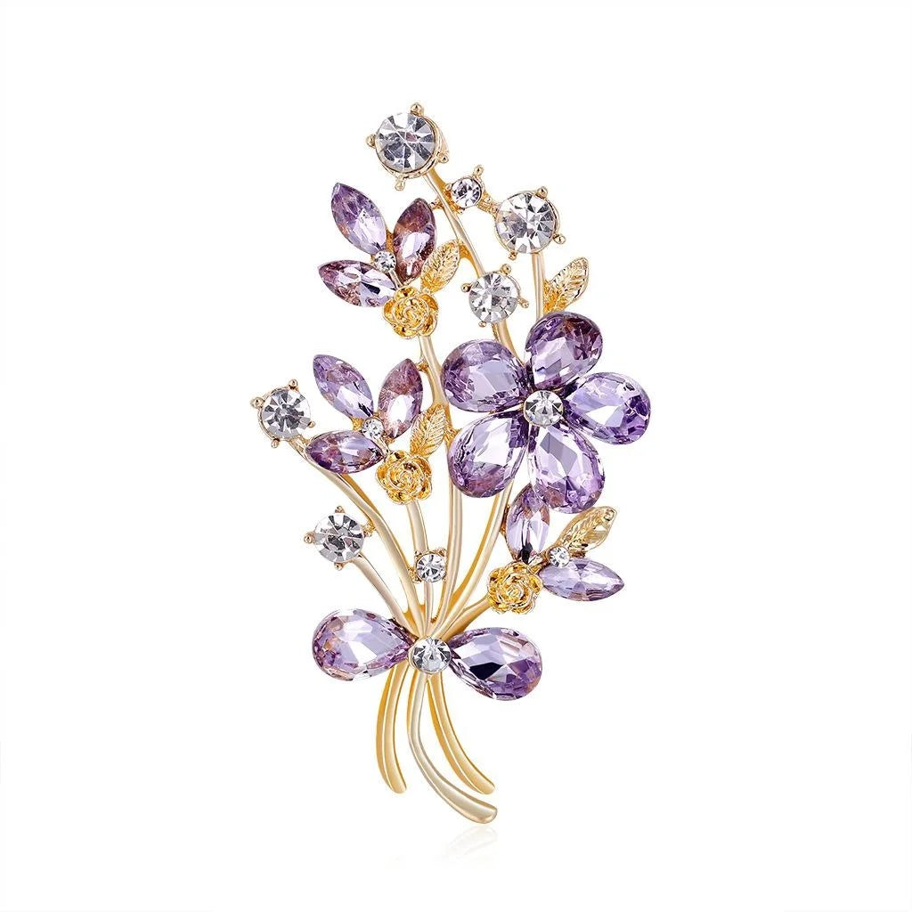 Elegant Purple Crystal Flower Bouquet Brooch Alloy Rhinestone Lapel Pin Corsage Suit Accessory Gift