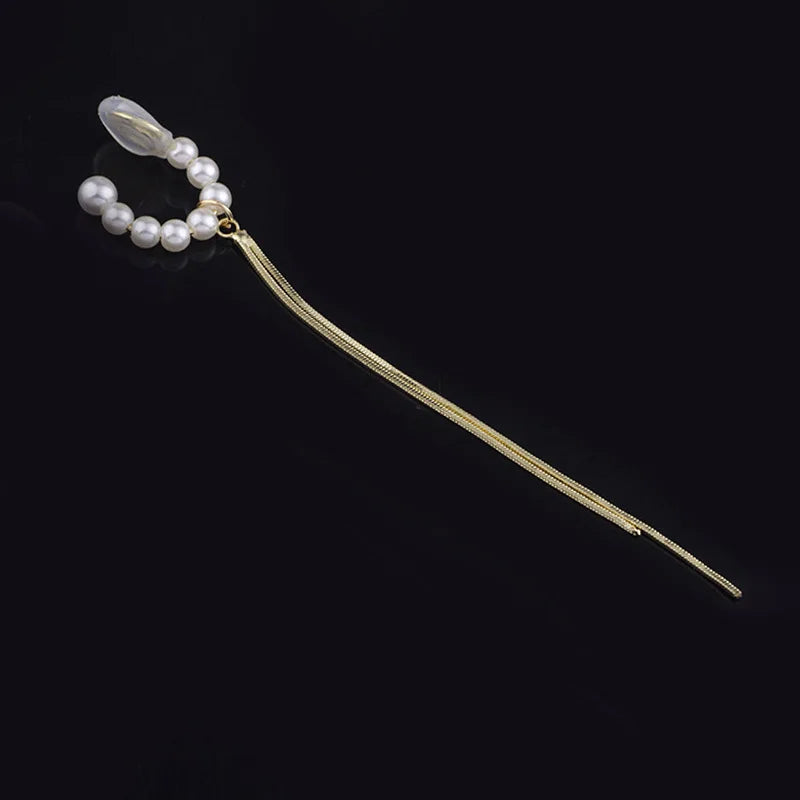 Elegant C Shape Pearl Ear Cuff Long Alloy Chain Tassel Stud & Clip On No Piercing Earrings