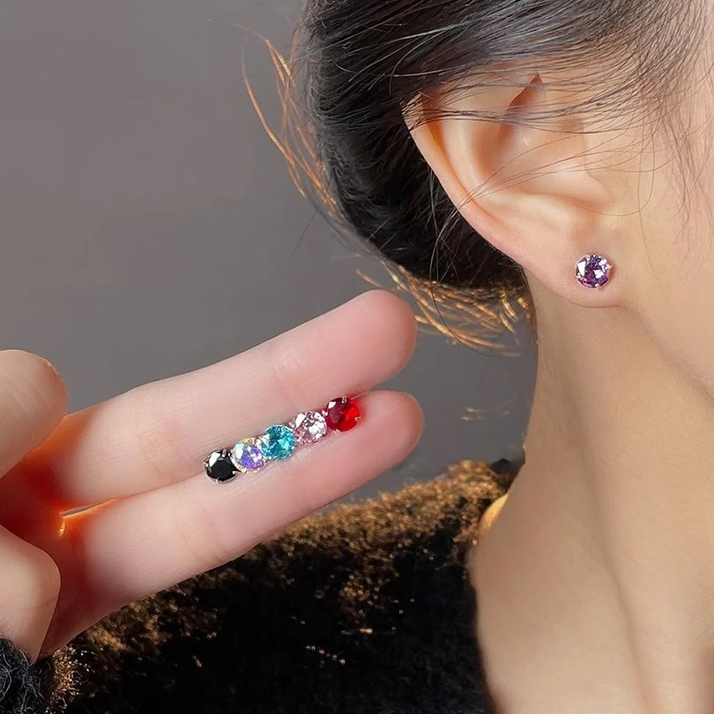 304 Stainless Steel Screw Back Stud Earrings With Colorful Zircon Round Geometric Minimalist Design
