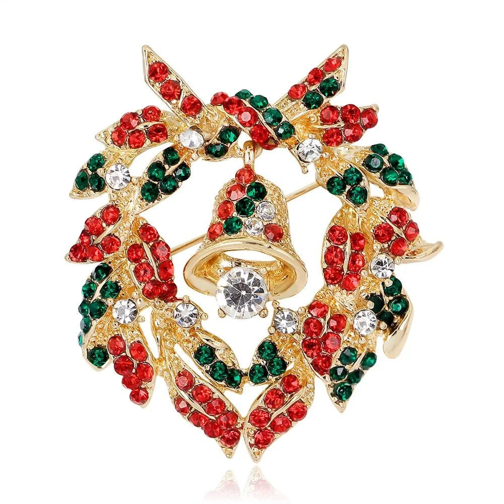 Elegant Christmas Wreath Bell Rhinestone Alloy Brooch, Festive Corsage Lapel Pin Suit Accessory Gift