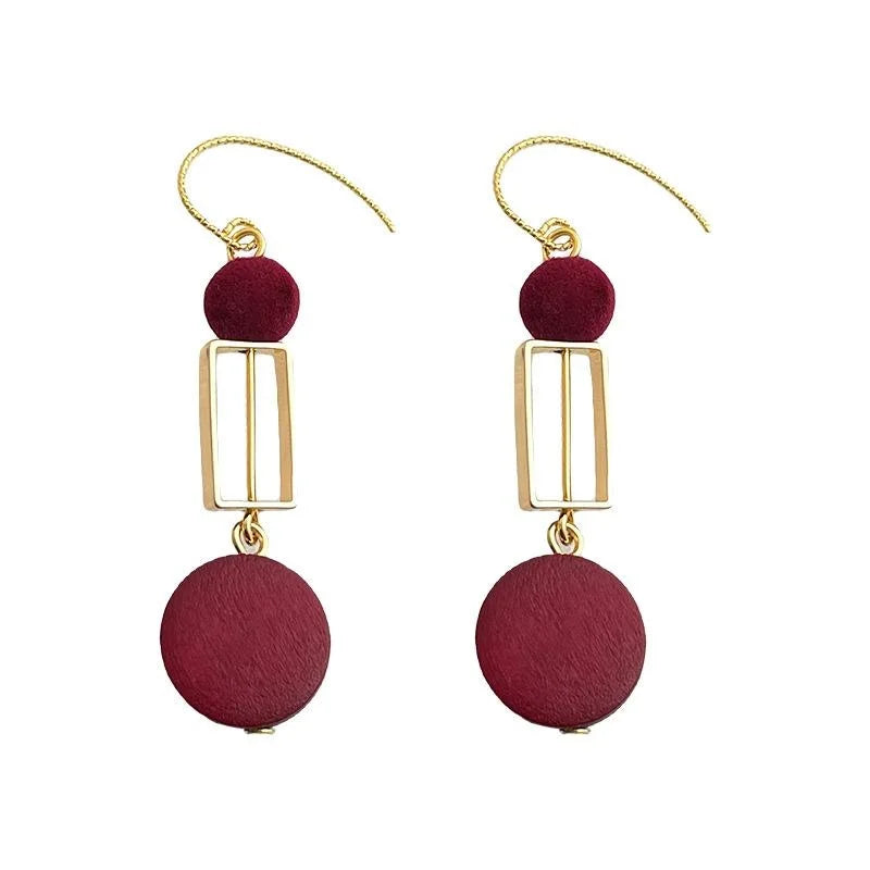 Original Designer Burgundy Flocked Lacquered Wood Geometric Tassel Drop Earrings With Copper Hooks