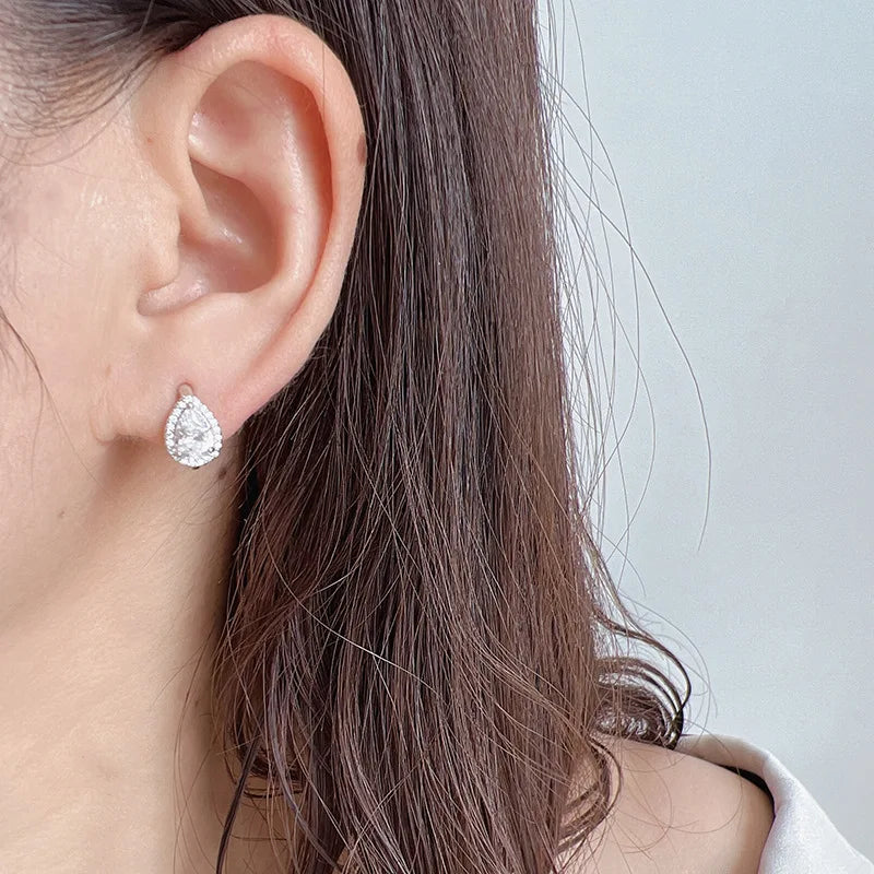 Elegant Teardrop Zircon Hoop Stud & Clip On No Piercing Screw Back Office Fashion Earrings