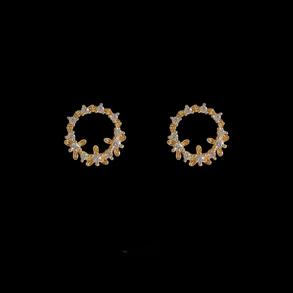 14K Plated Copper Floral Wreath Zircon Stud Earrings Korean Sweet Minimalist Jewelry