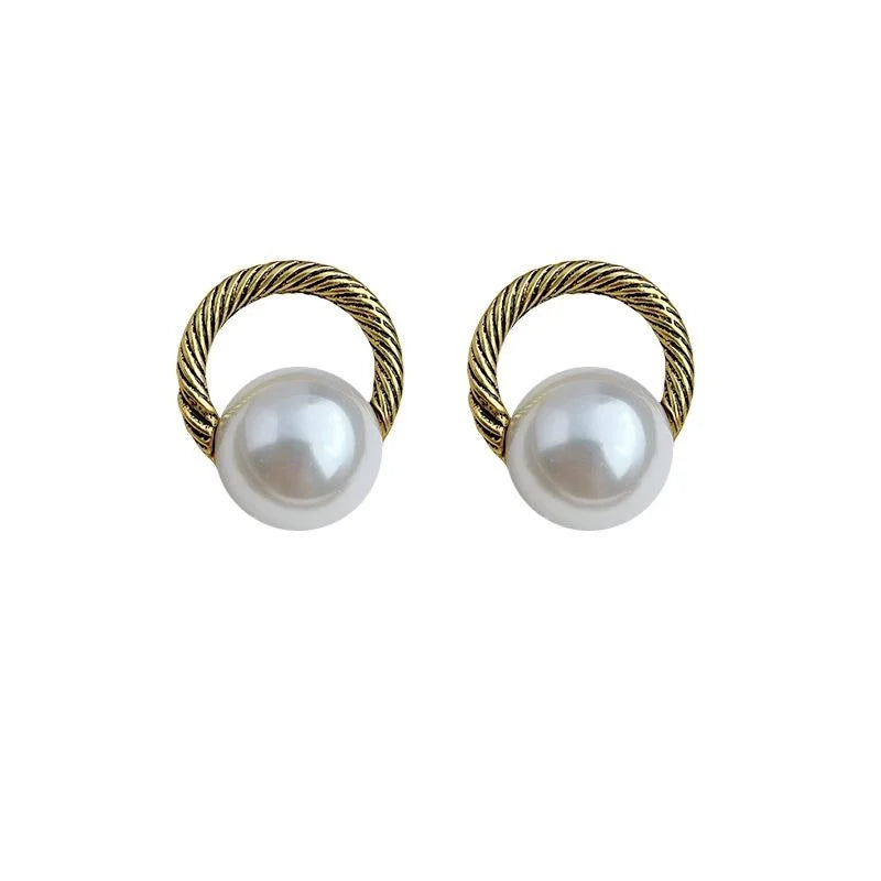 French Vintage Copper Round Geometric Hollow Pearl Stud Earrings