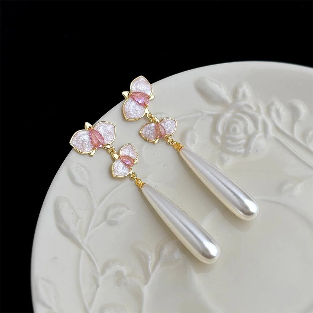 Fairy Style Copper Pink Orchid Pearl Waterdrop Zircon Enamel Tassel Drop Earrings