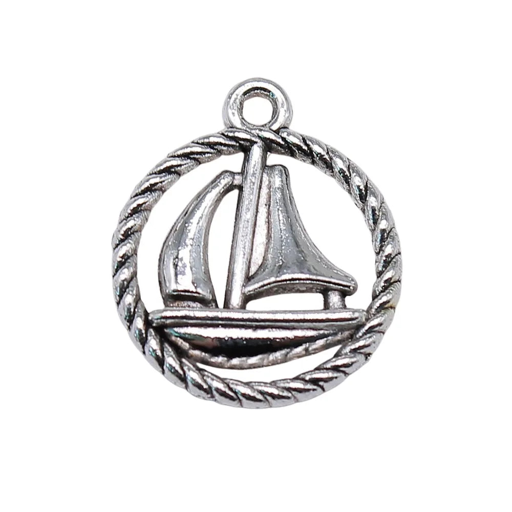 18x16mm 1.4g Antique Silver Zinc Alloy Sailboat Round Charm Pendant for DIY Bracelet Necklace Making