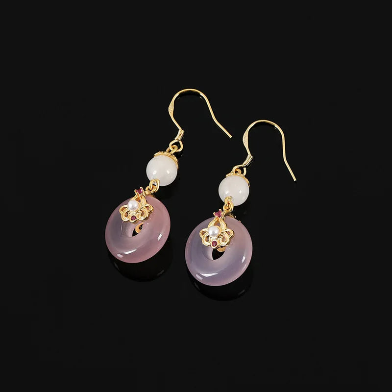Elegant Pink Donut Peace Buckle Alloy Pearl Drop Stud & Clip On No Piercing Vintage Earrings
