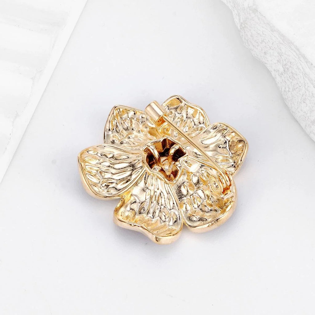 Elegant French Style Enamel Camellia Flower Brooch, Gold Tone Alloy Lapel Pin Corsage Suit Accessory Gift