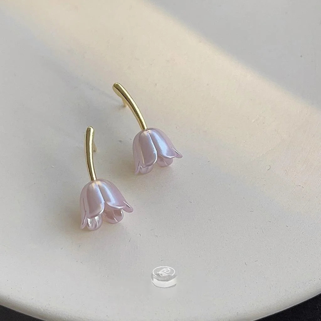 14K Plated Copper Purple Tulip Stud Earrings Sweet Korean Floral Style