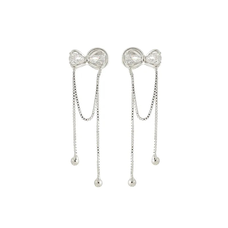 Elegant Silver Alloy Zircon Bowknot Long Chain Tassel Stud & Clip On No Piercing Women's Earrings