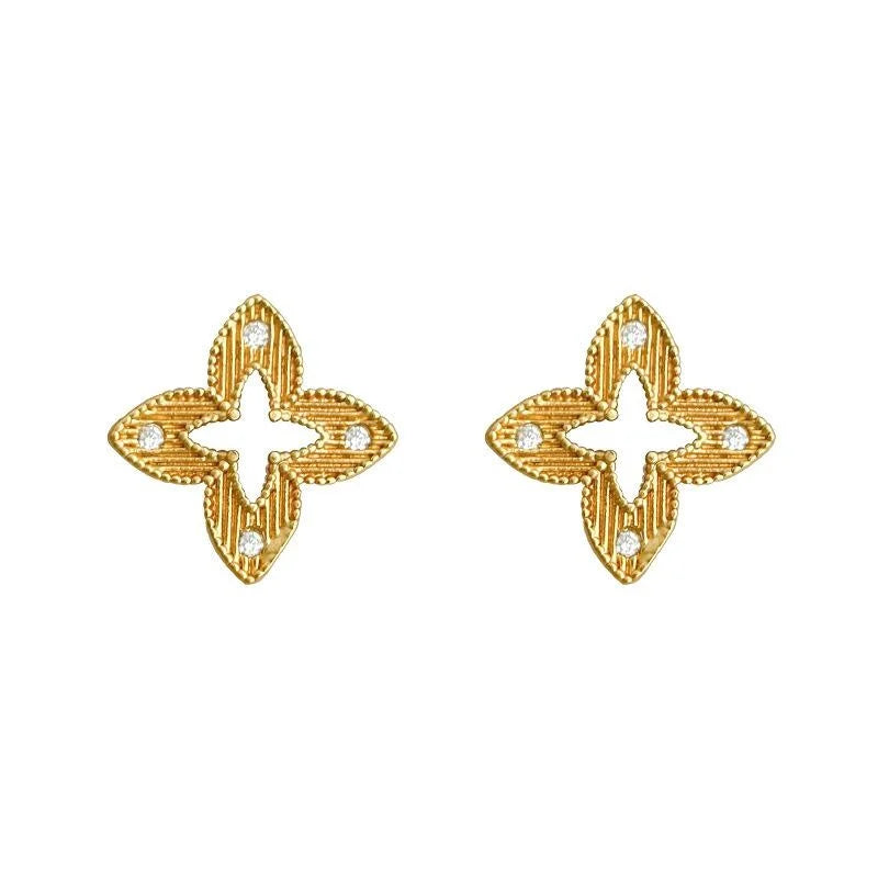 Copper Zircon Hollow Flower Geometric Stud Earrings Minimalist Light Luxury